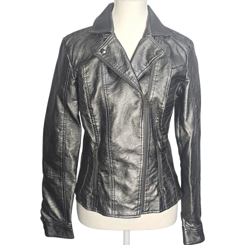 Baccini Womens Small Metallic Silver Faux Leather Jacket Zip Up Biker Moto Punk